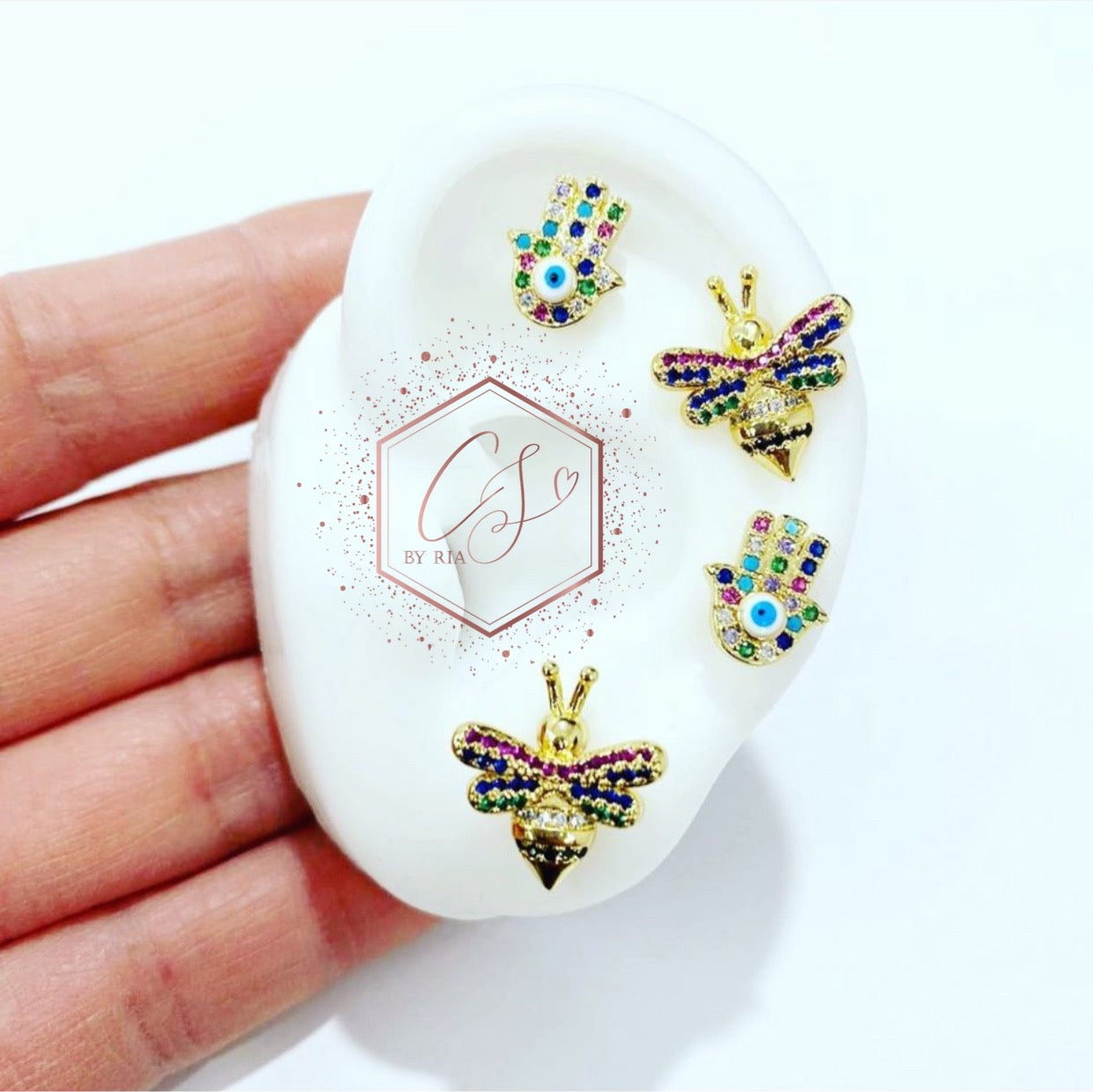 Colorful Hamsa and Bee Earrings