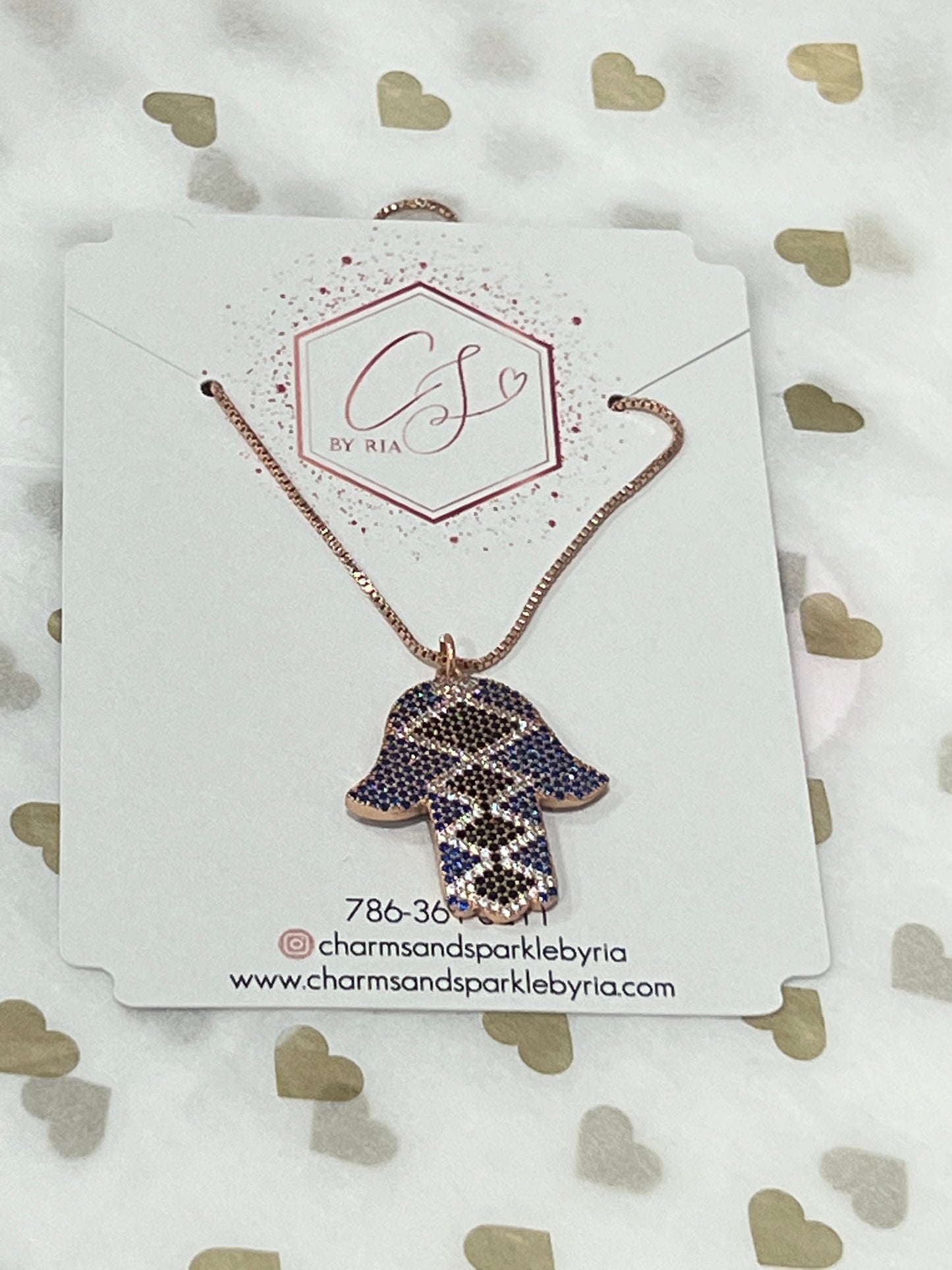 Hamsa Necklace with blue rhinestones