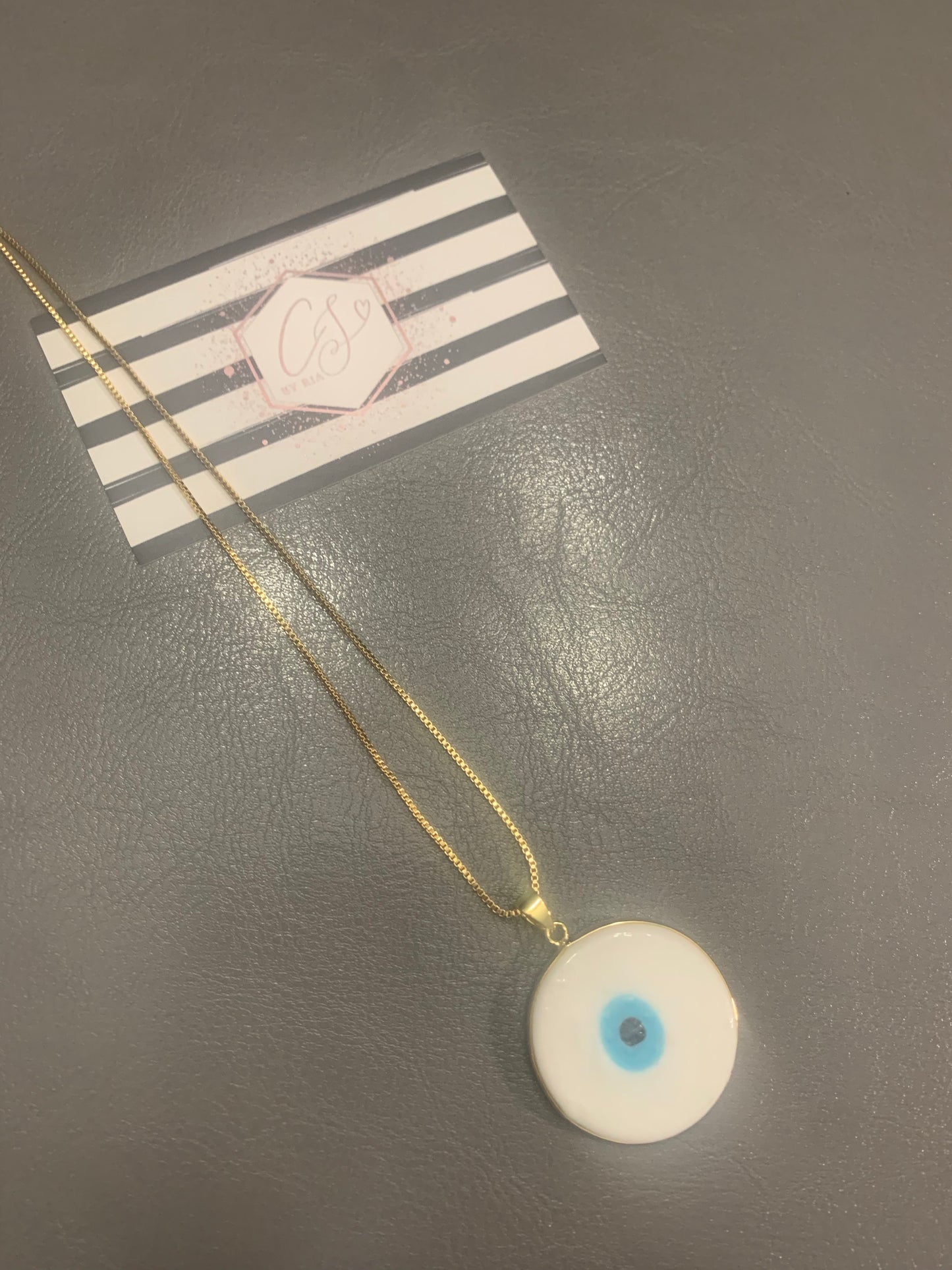 White and Teal Large Evil Eye Necklace