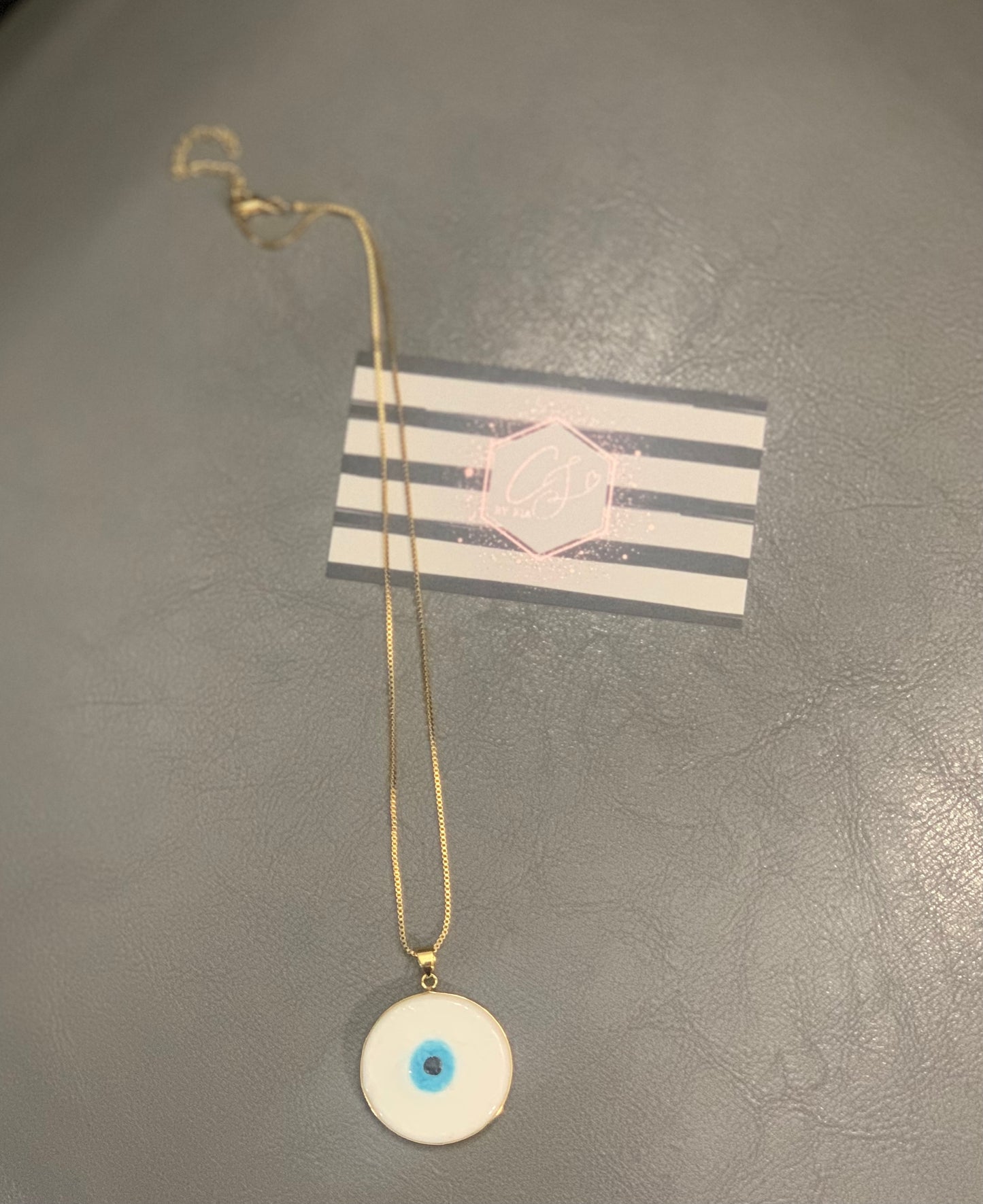 White and Teal Large Evil Eye Necklace