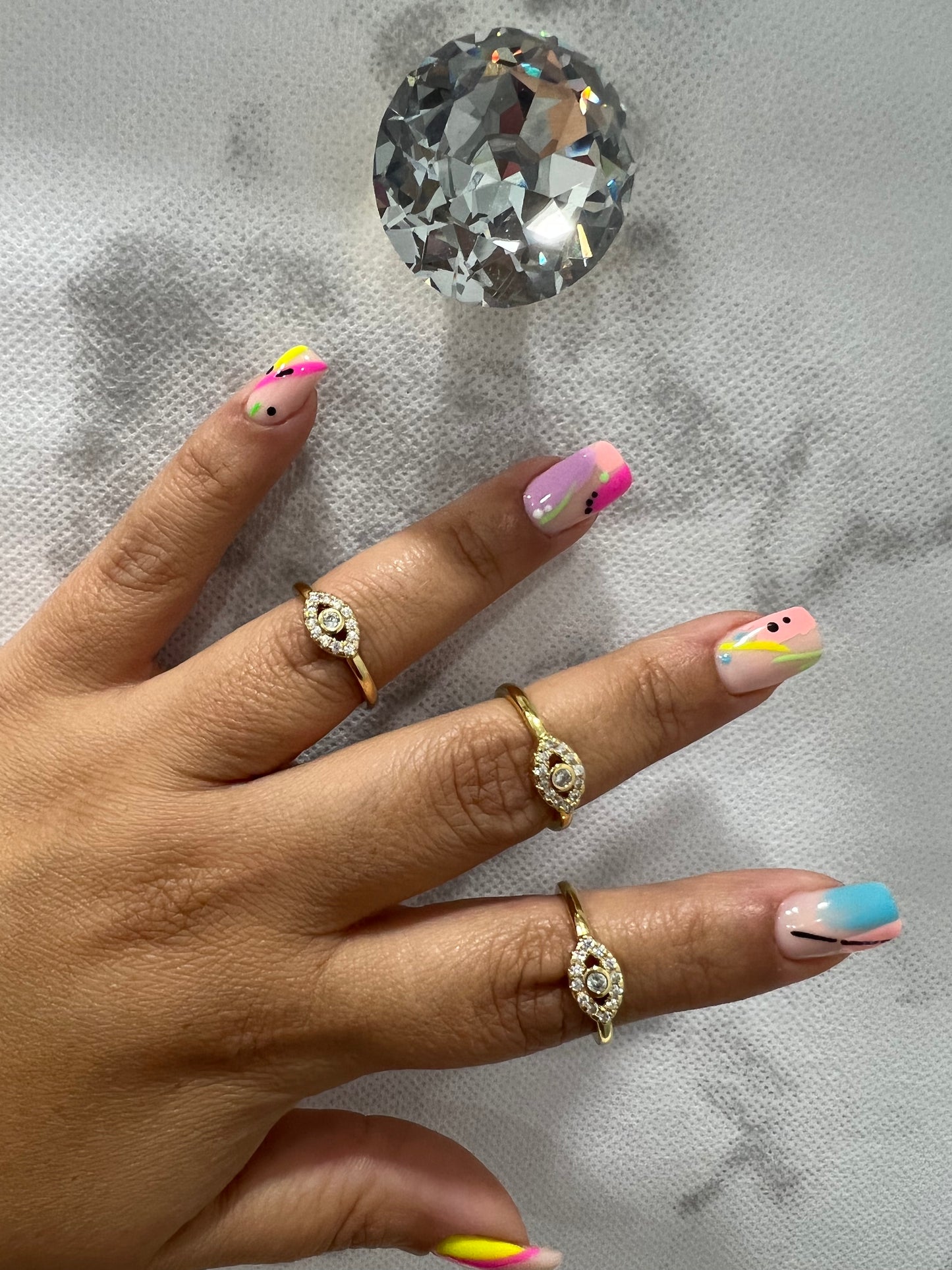 Adjustable evil eye rings with rhinestones