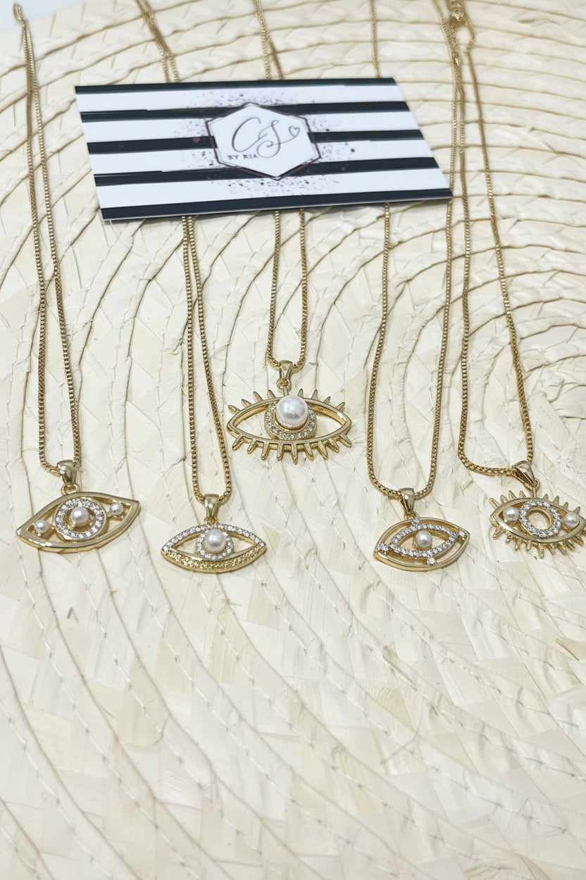 Gold Evil Eye Pearled Necklaces